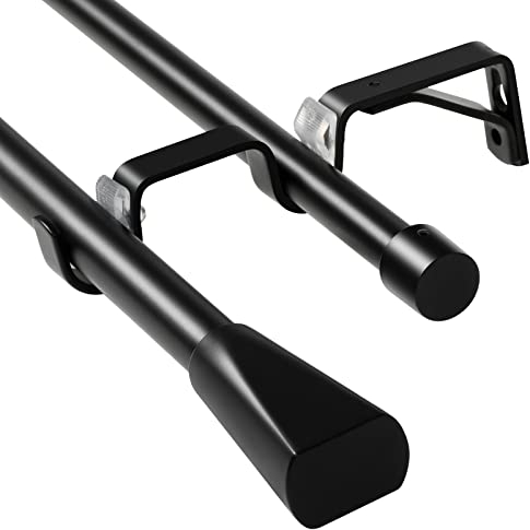 Eson Casa Doppelte Gardinenstange, 210–300 cm, ausziehbar, Durchmesser 16/19 mm, Gardinenstangen-Set mit dekorativen Endstücken für Ösenvorhänge, verstellbare Fensterstange für Wohnzimmer, Schwarz