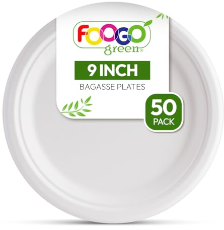 FOOGO Green 50pcs Disposable Sugarcane Bagasse Plates, 9 inch (23 cm), Large Round Strong Paper Plates, Eco Friendly Biodegradable Compostable, for Picnic, Parties
