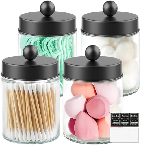 Goramio 4 Pack Glass Apothecary Jars with Lids for Bathroom, Cute Qtip Holder, Black Bathroom Accessories Set, Small Bathroom Canisters with Lids for Q-Tips, Cotton Swabs, Black Bathhouses Decor