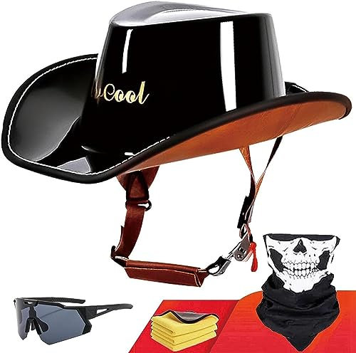 Motorrad-Halbhelm Für Erwachsene, Persönlichkeit, Vintage-Halbhelm (Handtuch + Sonnenbrille + Maske), Offener Motorradhelm, DOT-Zugelassener Retro-Western-Cowboyhut-Helm C,XL(61-62cm)
