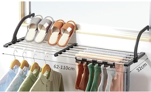 Keebgyy Tendedero para Balcón, Tendedero de Lavandería de Acero Inoxidable, Tendedero de Ropa Portátil, Barandillas de Balcón Alféizar de Ventana, Toallero (Telescópico 62-110 X 32 cm /