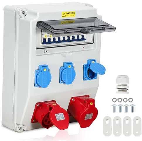 Cecaylie Distributore di corrente da cantiere, splitter a parete con 3 prese Schuko, prese 32A/16A, distribuzione di corrente con interruttore, per uso interno ed esterno