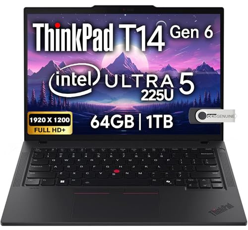 Lenovo ThinkPad T14 Gen 6 Business Laptop 14 FHD+ IPS, Intel Ultra 5 225U, 64GB DDR5 RAM, 1TB SSD, 5MP HD Webcam, Fingerprint, Backlit, Wi-Fi 6E, 2 Thunderbolt 4, AI PC