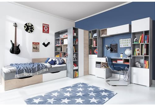 Lomadox Jugendzimmer Set 6-teilig mit Jugendbett 90x200cm, begehbarer Kleiderschrank, 2 Regalschränke, Wandregal, Schreibtisch in Beton weiß Eiche modern