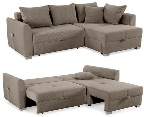 Cord Ecksofa B236/T160/H81 cm mit Schlaffunktion und Bettkasten, Tasche in der Armlehne, L-Couch mit Ottomane ausziehbar, links oder rechts montierbar, Bezug Cordstoff in Braun Taupe / 15208