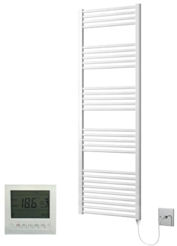 Greened House White Electric Towel Rail Straight 500mm W x 1600mm H + Timer | Includes 7 Day Timer/Thermostat, Heated, Bathroom Radiator, Towel Warmer, Flat, Straight
