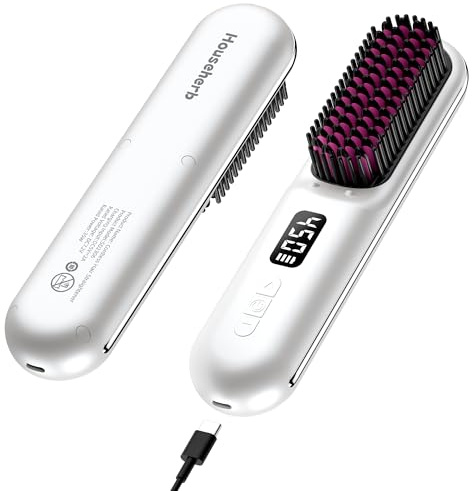 Househerb Cordless Hair Straightener Brush, Portable Mini Hair Straightening Brush for Travel, Rechargeable 9600 mAh USB-C, Lightweight Anti-Scald Heated Styling Tools & Appliances