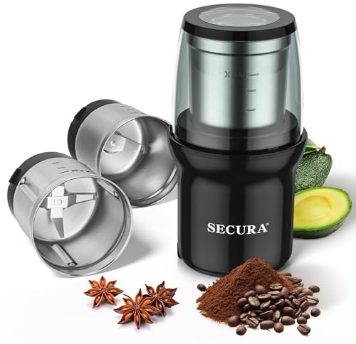 Secura Electric Spice Grinder, Double Bowl Stainless Steel Spice Grinder for Wet and Dry Grinding, Spice Grinder and Multifunction Coffee