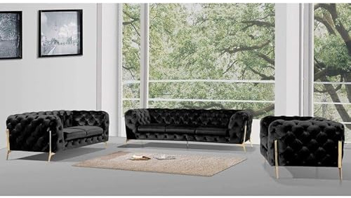 S-Style Möbel Set Sofa 3 Sitzer 2 Sitzer Sessel Couch 3 Stück Metallbeine Gold Elegant Gesteppt Freistehend Milton Schwarz