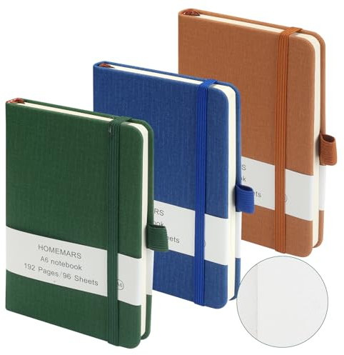 HOMEMARS Anteckningsbok, vit sida, anteckningsbok, anteckningsbok a6, 3-pack dagbok, 192 sidor, skissbok, resedagbok, grön brun blå, 14,4 cm x 9,6 cm, set med 3 vita sidor