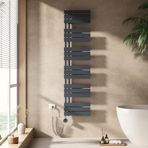 EMKE Handtuchheizkörper Elektrisch mit Thermostat 1599x400 mm, Badheizkörper Handtuchhalter Elektrisch Handtuchwärmer Handtuchtrockner Handtuchheizung mit Heizstab Anthrazit 800W