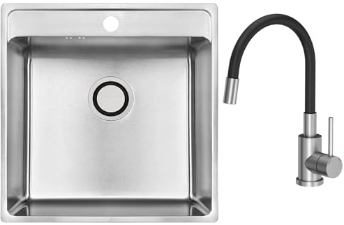 VBChome Edelstahl Einbauspüle 49x48x21 cm – Gebürsteter Stahl mit Hahnloch | Küchenspüle Großes Becken mit Siphon & Schwarzer Armatur mit flexiblem Auslauf | Modernes Design