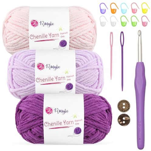 Chenille Wolle zum Häkeln 3x50g(60m/rolle) Flauschige Chenille Garn-Set mit 5mm Häkelnadel & Accessoires Weiche Babywolle für Häkeln & Stricken Chunky, kuschelige Wolle für DIY-Projekte