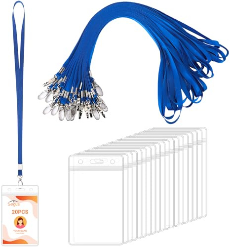 Segus Acreditaciones Colgantes, 20 Piezas Lanyard Azul con Fundas Tarjetas Identificativas, Transparente e Impermeable, Cinta Cuello Llaves para Mujeres y Hombres (Vertical)