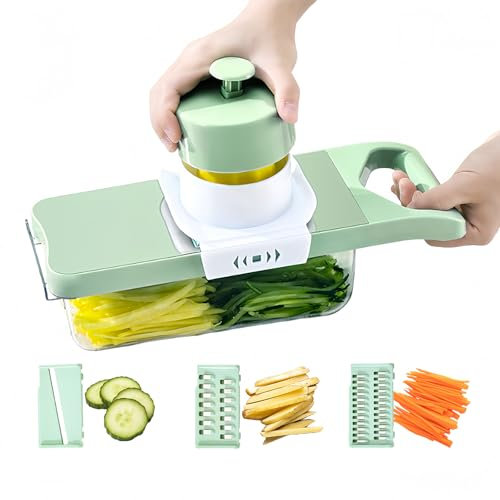 Coupe-légumes coupe-frites magnétique avec protection de la main - Rabot à concombre - Rabot à fromage - Trois types de couteaux pour bâtonnets, tranches, bandes - Hachoir à légumes - Râpe de cuisine