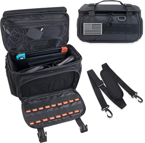 ALSLEA Tactical Travel Gaming Bag Compatible with Nintendo Switch/ Switch 2 All in One Carrying Case for Steam Deck, AC Adapter, Controllers, Protective Bag with Flag Patch &18 Game Card Slots (Black)