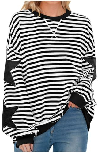 Free People Oversized Sweatshirt for Women Striped Star Pullover Tops Drop Shoulder Long Sleeve Sweatshirts Y2k Tops Loose Fit Casual Blouses Pullovers Baggy Lightweight Tops Spring Fall Blouse