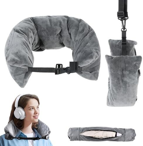 AMBEERT Stuffable Neck Pillow for Travel, Neck Pillow Stuffable with Clothes, Neck Pillow for Travel, Travel Essentials, Neck Pillow for Travelling by Car, Train and Plane (Grey)