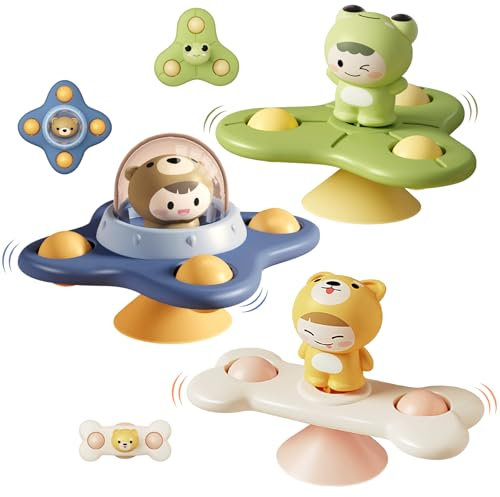 Jouet Ventouse Bébé sans BPA, Hand Spinner Bebe Ventouse Baby Spinner Jouets de Bain Sensoriel Animaux Jouet Ventouse Chaise Haute pour Voyage Voiture Avion Cadeau Anniversaire Baptêmes 3 Mois 1 an