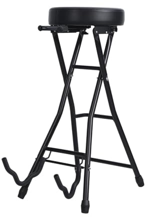 Wilitto Foldable Guitar Stool with Padded Seat, Footrest for Guitar Players Musician Adults Collapsible Chair with Guitar Stand, Retractable Hook, Adult Portable Folding Stool Guitar Stand Holds Black