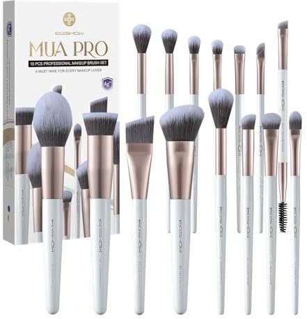 EIGSHOW Set de Pinceles para Maquillaje,15 Piezas MUA PRO Serie Pinceles Profesionales con Cerdas a Iones de Plata para Base,Polvo,Rubor,Iluminador,Corrector,Eyeliner,Set Cadeau de Viaje(Oro champán)