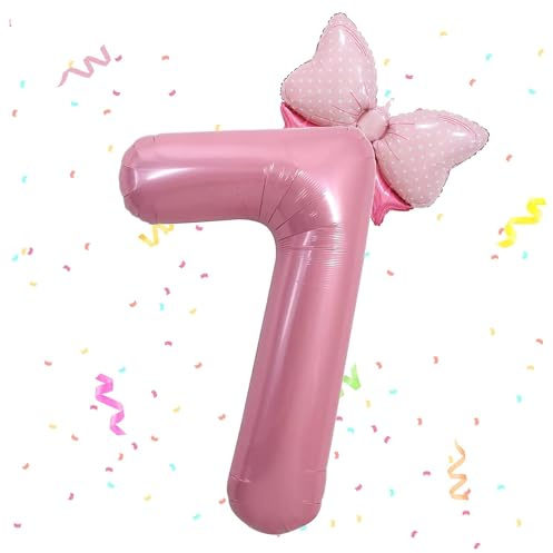 Zahlen Luftballon 7. Geburtstag, 40 Zoll Schleife Folienballon Zahl 7, Zahlenballon 7 Helium Ballon Rosa,Luftballon 7 Geburtstag Deko für 7 Jahre Mädchen Geburtstagsdeko,Babyparty,Jubiläum Party Deko