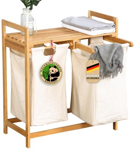 Floordirekt Wäschekorb aus Bambus, Wäschesammler mit 2 Fächern, Wäschekorb für Schmutzwäsche, Wäschesortierer Holz mit große Wäschebox (Dakota) (64L x 33B x 73H cm)