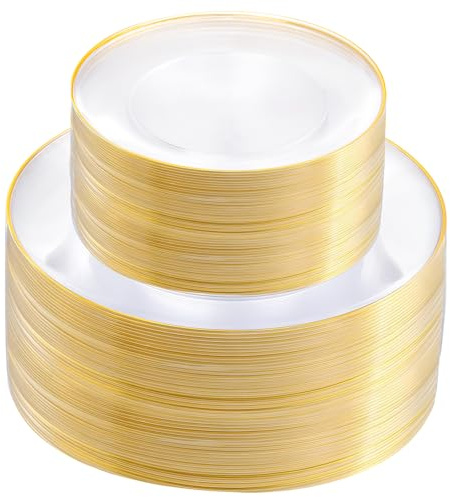 bUCLA 100PCS Clear and Gold Plastic Plates - Clear Disposable With Gold Rim Include 50 Each (10 inch Dinner & 7 inch Dessert) Plates, Ideal for Party & Thanksgiving