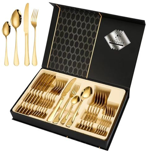 Black Silverware Set, Flatware Set 24 Piece, Tableware Set Gift Box, Tableware Sets Includes Dinner-Knife, Fork, and Spoon(Gift Box Consists of 6 Colors) (Gold)