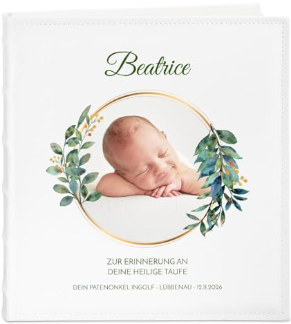 Maverton Fotoalbum zum Einstecken 10x15 cm - Einsteckalbum mit Aufdruck für 500 Fotos - 33x33cm - Weiß - personalisierte Geschenke für Baby zur Taufe Geburt - Geburtstagsgeschenk