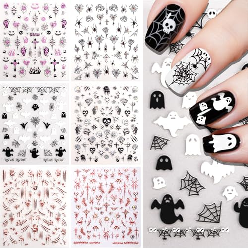 FOSDICK 6 Blatt Nagelsticker Halloween, Selbstklebend Halloween Nail Sticker, Halloweens Nagelsticker, Halloweens Stickers Nägel, Geister Fledermaus Spinnennetz Skelett Diy Nageldesign