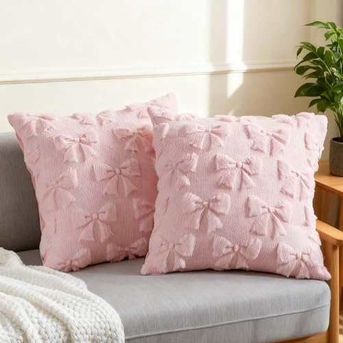IAndhy 2 Pcs Pink Cushion Covers, Soft Artificial Fur Sofa Pillow With Bow Design, Suitable For Valentine's Day Decoration Of Bed And Sofa, Plush Aesthetic Cushion Cover