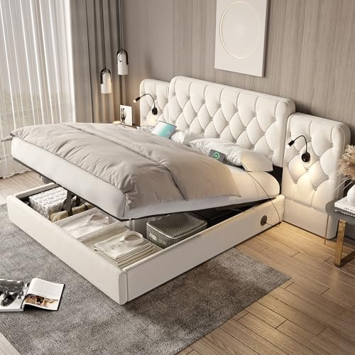 RIAZOS Polsterbett 160x200 cm, Hydraulisch Stauraumbett, Doppelbett mit Langem Kopfteil, mit USB und Leselampen, Jugendbett, Europäischer Bettrahmenstil, Samt, Beige, ohne Matratze