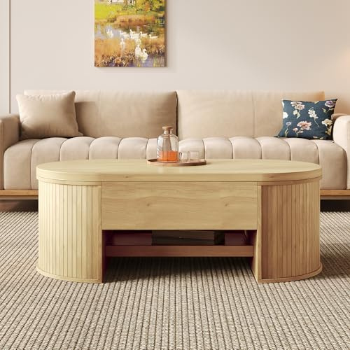 Abosbeet Ovaler Couchtisch mit Hebeplatte, Wohnzimmertisch mit verstecktem Ablagefach, Rund Beistelltisch mit Stauraum für Home Office