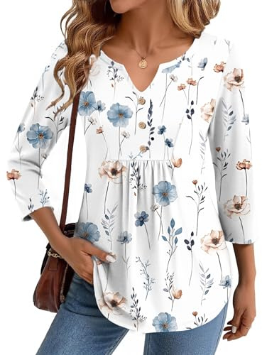 Zeagoo Womens 3 Quarter Length Sleeve Tshirts V Neck Floral Blouses Going Out Spring Tee 2026 Cozy Tops Trendy Tunics