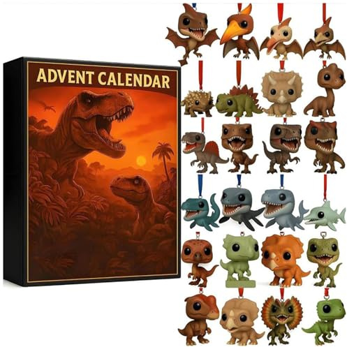 Dinosaur Park Calendrier de l'Avent 2025 avec 24 figurines de dinosaures surprises, calendrier de compte à rebours de Noël, décorations à suspendre en acrylique 2D pour sapin de Noël, cadeau de