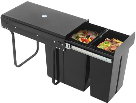 BbqLiaxon 20L+10L Pull Out Trash Can Under Cabinet, Dual Compartment Built-in Pull-Out Waste Separation System, Heavy Duty Under Sink Garbage Bin on Full-Extension Rail, Easy to Clean