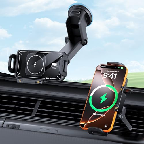 15W Fast Wireless Charger Auto Handyhalterung mit Ladefunktion, Qoosea Qi Induktive Ladestation Kfz mit Saugnäpfe & Clips, Kabellose Kfz-Ladegeräte für Samsung Galaxy Z Fold 7/6/5/4 iPhone 17 Goolge