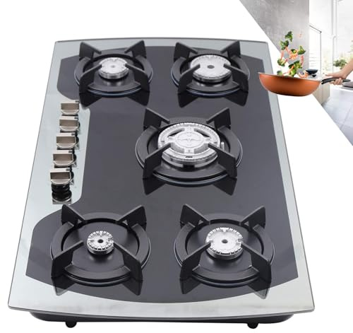 Hornillo de gas Encimera de Gas 5 Llamas Cocina de Gas Integrado de Vidrio Templado 83 x 47cm - Negro