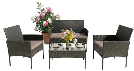 Relaxdays 4-delad rotting trädgårdsmöbler set med soffa, fåtöljer och glasbord, utomhus svart 80 x 101 x 59 cm