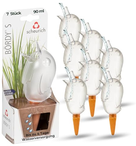 Scheurich Wasserspender S Bördy | 7 x Klar | 90ml Füllmenge | Bewässerungskugel klein mit Ton Fuß | Wasserspender Pflanzen und Blumen Terrakotta Stiel