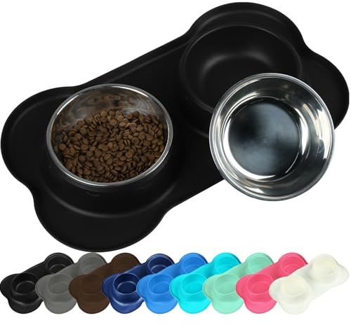 VIVAGLORY Bols pour Chiens, Bols pour Nourriture de Chiens, Bols en Acier Inoxydable pour Chats et Chiots avec Tapis en Silicone Antidérapant et Anti-débordement, Petit, Noir