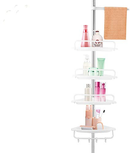 Ejoyous Tension Corner Shower Caddy, 4 Tier Rustproof Bathroom Corner Shower Shelf Standing Rack with Plastic Storage Basket and Aluminum Pole Height Adjustable 3.28Ft to 10.49Ft (White)