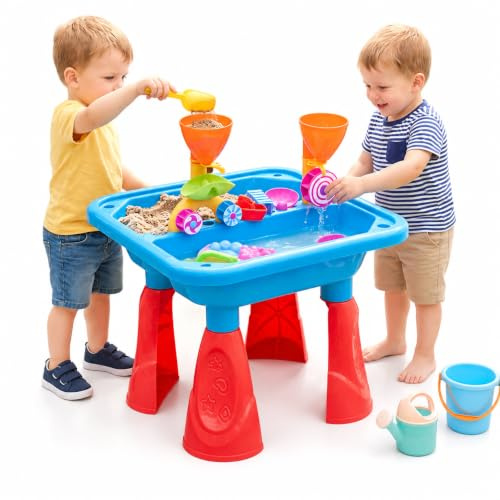 The Magic Toy Shop Sand and Water Table, 23-Piece Set, Blue – Includes Watering Can & Accessories, Two Compartments & Drainage – Kids Outdoor Play Equipment for Messy Sandpit Play for Boys & Girls
