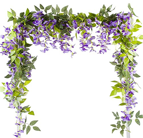 VINFUTUR 5pcs x 2m Artificial Flowers Wisteria Vine, Fake Wisteria Flowers Hanging Garland Decoration for Home, Garden - Purple