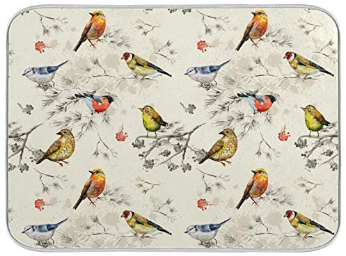 Microfiber Dish Drying Mat Cute Birds Absorbent Baby Bottle Dry Pad 18 x 24, Grey, Coffee Maker Mats Heat Resistant Mats Dishes Drainer Cushion Spring Kitchen Counter Decor