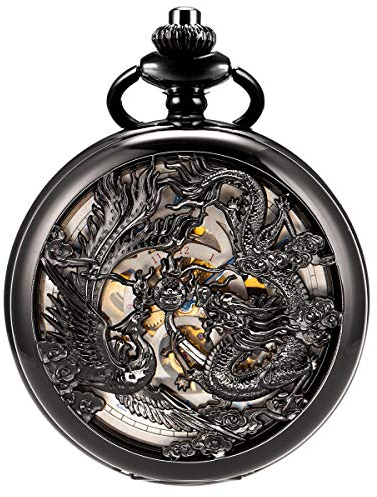 ManChDa Antike, mechanische Taschenuhr, Glück, Drache & Phoenix (Beste Wünsche), Skelett-Zifferblatt mit Kette für Männer und Frauen + Box