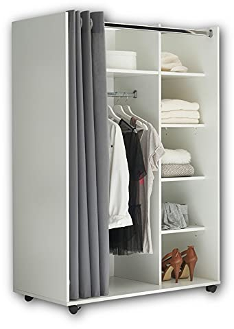 Stella Trading JENKE Mobiler Kleiderschrank auf Rollen, Weiß mit Stoffvorhang - Vielseitiger Allzweckschrank mit cleverer Inneneinteilung - 100 x 145 x 50 cm (B/H/T)