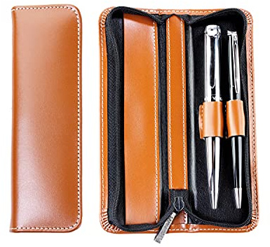 DELMON VARONE - Schreibgeräteetui Premium Cambridge Top Grain Leder Braun - Stifte Etui mit Reißverschluss für 2 Schreibgerät - Federmäppchen Schreibetui mit Gravur & Namen für Kugelschreiber