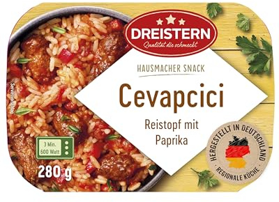 DREISTERN Cevapcici 280g I Mit Paprika & Reis I Herzhaftes Fertiggericht in Mikrowellenschale I Lange Haltbarkeit dank natürlicher Konservierung I Hausmacher Qualität